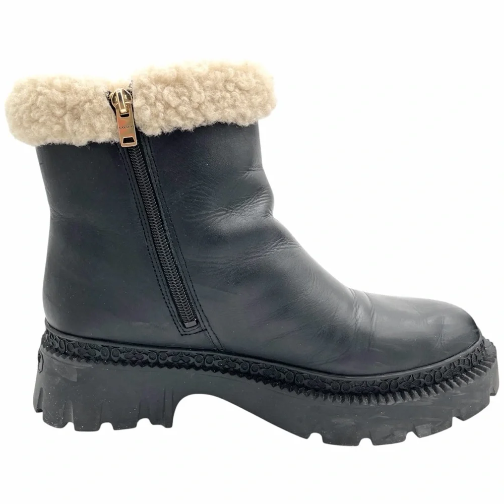 Coach Jane Black Leather Shearling Trim Booties Size 9